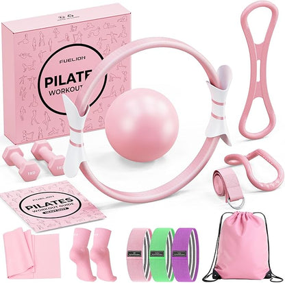 Pilates Ring Set for Women, Home Workout Pilates Equipment with Resistance Bands, 14'' Magic Circle, Mini Ball, Pilates Starter Kit for Strength, Toning and Flexibility