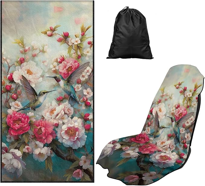Bulopur Floral Hummingbird Car Seat Towel Cover After Beach Gym Workout Running Swimming Non-Slip Highly Absorbent Yoga Towel for Women Girly Auto Accessories