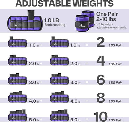 Sportneer Adjustable Ankle Weights Set - 1 Pair (2-10 lbs) Removable Sandbags for Women & Men, Comfortable Neoprene Leg Weights for Walking, Running, Pilates, Yoga, Home Workout & Physical Therapy