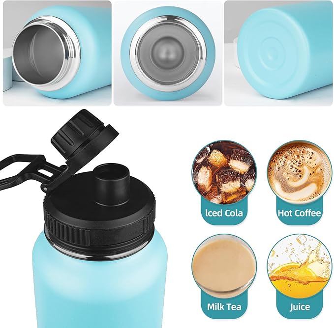 Insulated Water Bottle with Straw&2 Lids 40oz Stainless Steel Water Bottles Sports Metal Water Bottle Double Walled Vacuum Insulated Bottles Cups Leak-Proof Travel Cup (Blue)