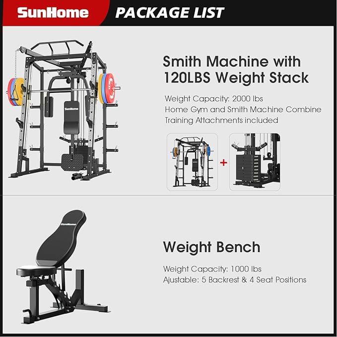 SunHome Smith Machine, Power Cage Squat Rack with Smith Bar, LAT Pull-Down Systems, Cable Crossover Machine and Cable Attachment for Home Gym