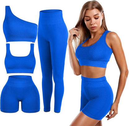 4 Pcs Women's Workout Sets Pilates Exercise Outfit Ribbed Scoop Neck Sports Bra Shorts Leggings Gym Clothes Set
