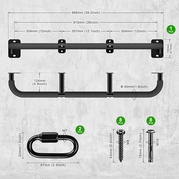 SELEWARE Heavy Duty Wall Mount Pull Up Bar, Joist Mount Chin Up Bar for Doorway, Sturdy Steel Construction, w/Resistance Band Hooks, Fits 32"/36" Wall Studs for Home Gym Strength Training