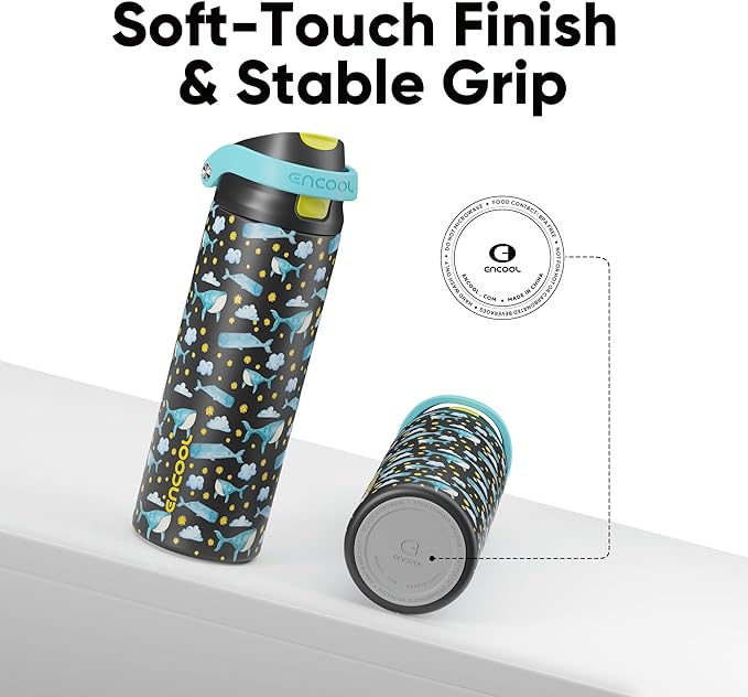 ENCOOL Leakproof Insulated Water Bottle with Straw Dual-Sip Water Bottle Bag-Safe Design for Work, Commute & Gym – Keeps Drinks Cold All Day, 24 oz, Sky Whale