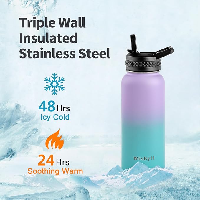 32 oz Insulated Water Bottle with Straw, Stainless Steel Triple Wall Vacuum Sports Water Jug, Leakproof Hydro Cup Flask with Paracord Handle & Straw Spout Lids & DIY Stickers
