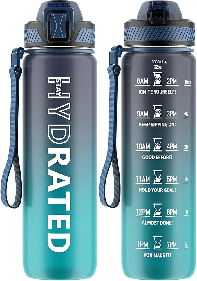 Water Bottle with Straw, 32oz Motivational Water Bottles with Time Marker to Drink, Tritan BPA Free, 1L Sports Water Bottle with Carry Strap LeakProof for Women Gym Fitness Outdoor (1 Pack)