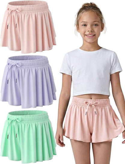 3 Pack Girls Flowy Shorts with Spandex Liner 2-in-1 Youth Butterfly Skirts for Fitness, Running, Sports