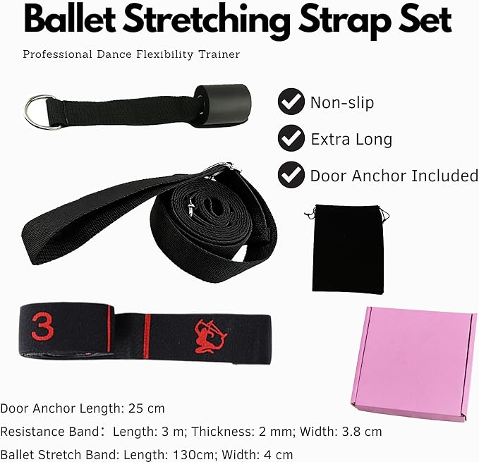 Danzcue Ballet Stretch Strap Set – Professional Dance Flexibility Trainer with Door Anchor, Extra Long Non-Slip Stretching Bands for Ballet, Jazz, Contemporary & Gymnastics