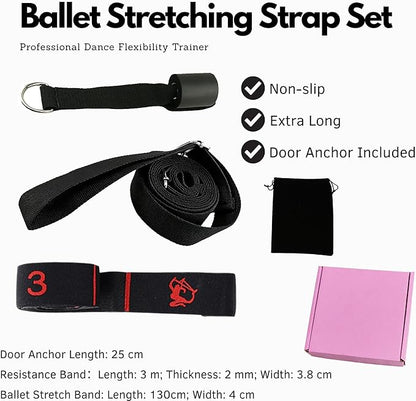 Danzcue Ballet Stretch Strap Set – Professional Dance Flexibility Trainer with Door Anchor, Extra Long Non-Slip Stretching Bands for Ballet, Jazz, Contemporary & Gymnastics