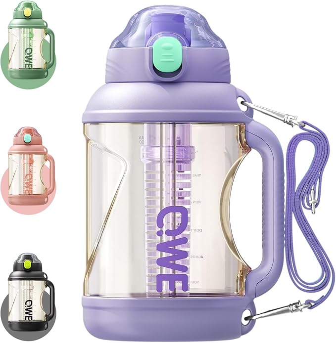 QWE Gym Large Water Bottle for women with lids and Straws&Handle,54oz,Heat-resisting,Reusable,PPSU BPA Free, Plastic Water Bottle Double drinking,leak proof, for Travel,Sport,Outdoors,camping(Purple)