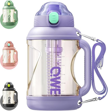 QWE Gym Large Water Bottle for women with lids and Straws&Handle,54oz,Heat-resisting,Reusable,PPSU BPA Free, Plastic Water Bottle Double drinking,leak proof, for Travel,Sport,Outdoors,camping(Purple)