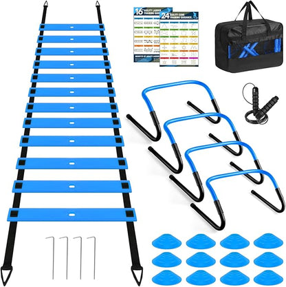 Agility Speed Training Equipment Set, Football Practise Set with 20ft Agility Ladder, 12 Cones, 4 Adjustable Hurdles, Jump Rope, for Basketball, Soccer Training, Football, Kids, Youth, Adults