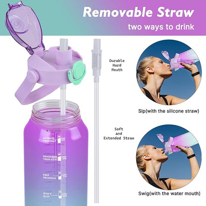 64oz Sports Water Bottle with Fruit Infuser, 2 in 1 Straw and Chug Motivational Water Bottle with Time Marker, Half Gallon Large Water Jug with Handle for Travel Fitness Gym Outdoor (Purple)