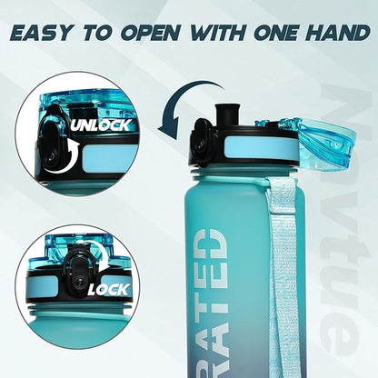 Water Bottle, 32 oz Sports Water Bottles with Time Marker Wide Mouth, Motivational and Leakproof Drink Bottle, BPA Free Tritan with Carry Strap for Gym Fitness Outdoor(1 Bottle)