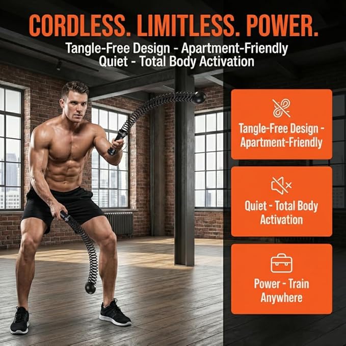 Cordless Battle Ropes for Home Workout – Ropeless Adjustable HIIT & Strength Training Kit with Hand Gripper & Wrist Wraps – Portable Full Body Fitness Equipment for Small Spaces