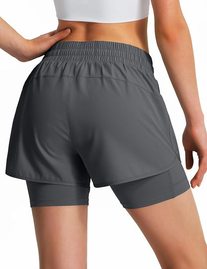 Ksmien Women's 2 in 1 Running Shorts Quick Dry Athletic Gym Workout Shorts with Liner Phone Pockets