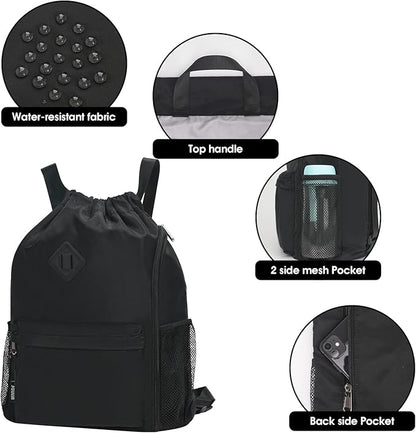 WANDF Drawstring Backpack Sports Gym Bag with Shoes Compartment, Water-Resistant String Backpack Cinch for Women Men (Large,Black)