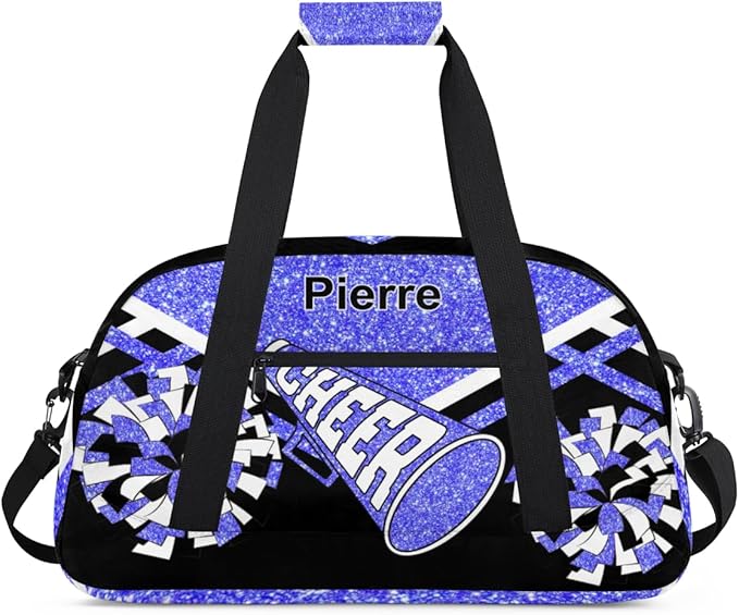 Personalized Gymnastics Cheer Bag Names for Girls Teens, Custom Name Sport Fitness Duffle Gym Training Bag Travel Weekender Lightweight Bags, Light Blue Glitter Black