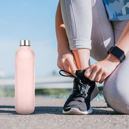 Water Bottle 32 oz, Frosted Style Sports Water Bottles BPA Free Water Bottle With Time Marker,Small mouth Leakproof Water Bottles with Strap for Gym Fitness Hiking Bike Camping (Pink-1)