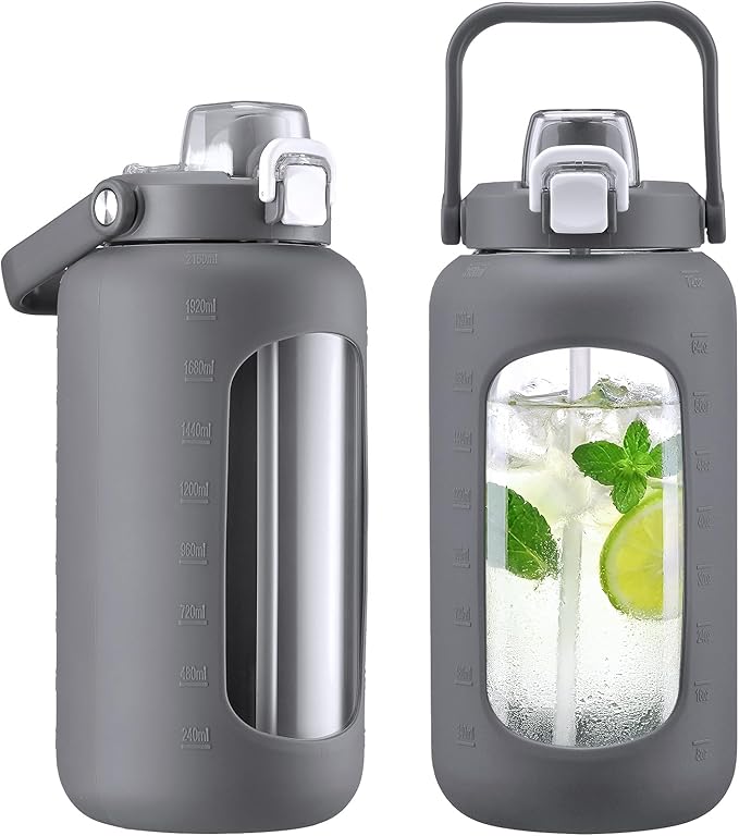 72oz Glass Water Bottle with 2-IN-1 Straw &Chug Lid, Large Motivational Glass Bottle with Capacity Marker and Silicone Sleeve, 2.1L Gallon Water Jug for Home, Sports, Gym, BPA Free-Gray