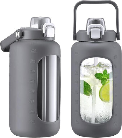 72oz Glass Water Bottle with 2-IN-1 Straw &Chug Lid, Large Motivational Glass Bottle with Capacity Marker and Silicone Sleeve, 2.1L Gallon Water Jug for Home, Sports, Gym, BPA Free-Gray