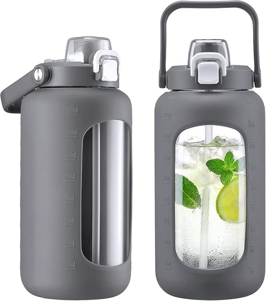 72oz Glass Water Bottle with 2-IN-1 Straw &Chug Lid, Large Motivational Glass Bottle with Capacity Marker and Silicone Sleeve, 2.1L Gallon Water Jug for Home, Sports, Gym, BPA Free-Gray