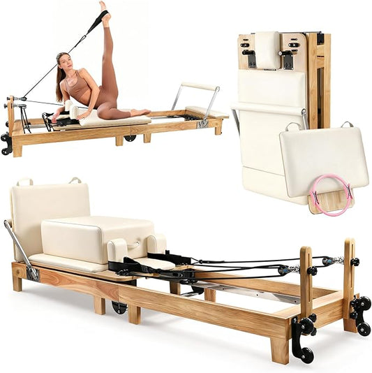 Pilates Reformer, Wooden Foldable Pilates Machine for Home Use, All-in-One Studio Equipment with 6 Springs, Jump Board, Sitting Box & Accessories 3t3 libras