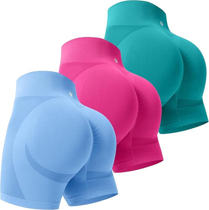 Evercute Women's Gym Shorts 3/4 Pack Seamless Scrunch Butt Lifting Workout Shorts 5" Tummy Control Ruched Booty Yoga Short