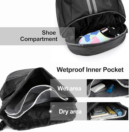 Hoedia Sports Drawstring Backpack - String Swim Gym Bag with Shoes Compartment and Wet Proof Pocket for Women and Men