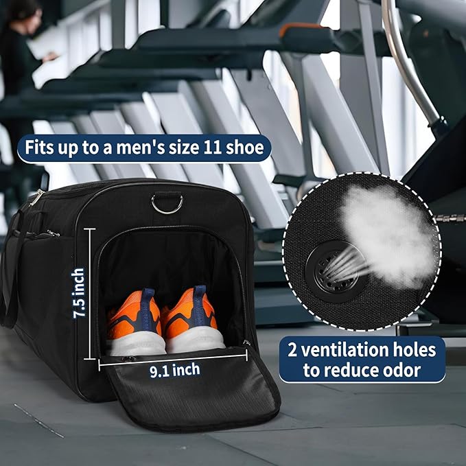 52L Men's Gym Bag with Shoe Compartment - 24-inch Duffle Bag for Travel, Sports, Fitness & Workout (Black)