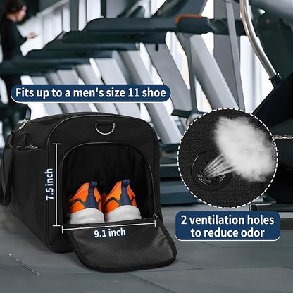 52L Men's Gym Bag with Shoe Compartment - 24-inch Duffle Bag for Travel, Sports, Fitness & Workout (Black)