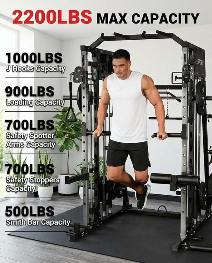 Smith Machine Home Gym All-in-1, 2200LBS Power Cage with Dual Cable Pulley Systems, LAT Pull-Down & Leg Hold-Down | Complete Strength Training Equipment for Full Body Workouts
