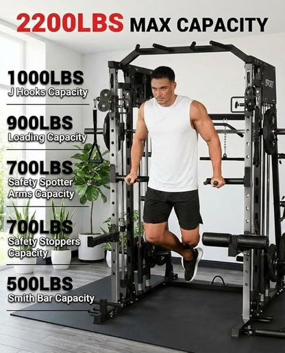 Smith Machine Home Gym All-in-1, 2200LBS Power Cage with Dual Cable Pulley Systems, LAT Pull-Down & Leg Hold-Down | Complete Strength Training Equipment for Full Body Workouts