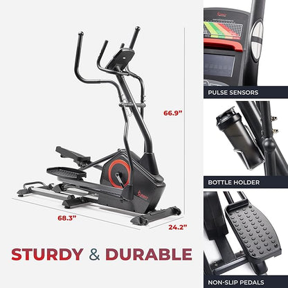 Sunny Health & Fitness Elliptical Exercise Machine, Silent Training, Long Stride Full Body Workout, Adjustable Resistance, Pulse Sensor, SunnyFit App via Bluetooth, Electric or Manual