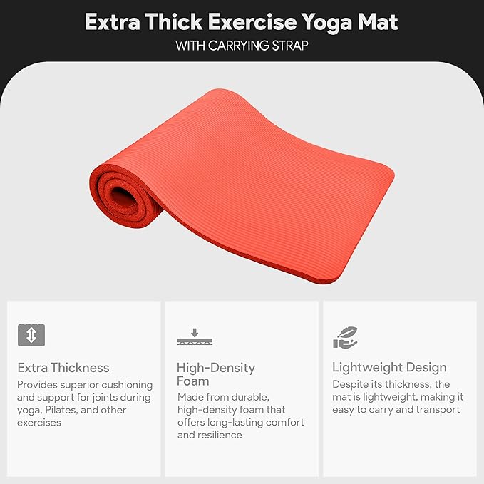 BalanceFrom 71x24 Inches Extra Thick Yoga Mat 1-Inch High-Density Foam – Roll-Up Exercise Pad with Double-Sided Non-Slip Surface and Carrying Strap for Pilates and Home Workouts, Multiple Colors