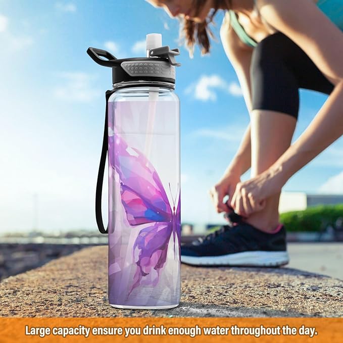 YETTASBIN Purple Butterfly Clear Water Bottle with Straw Lid, BPA-Free Leakproof Sport Water Bottle 32oz Large Gym Water Jug for Men Women Travel Fitness Outdoor