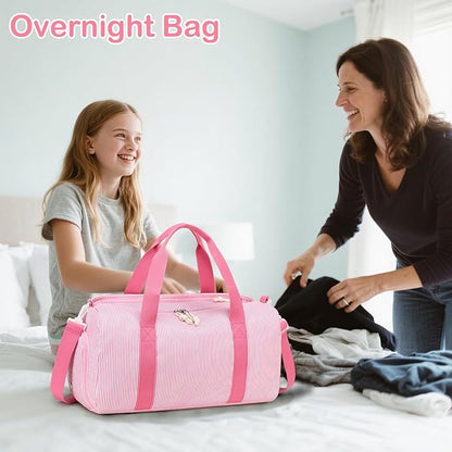 Gym Bag Sports Duffle Bag with Wet Pocket Weekender Overnight Bags with Shoe Compartment for Girls Kids Women Dance Workout Travel Bags (Pink Stripe)