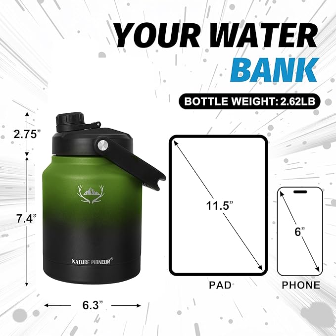 NATURE PIONEOR 84 oz Insulated Water Bottle - Double Vacuum Stainless Steel Water Jug with Holder/Carrier, Wide Mouth, Outdoor Sports, Hiking, Camping, Gym