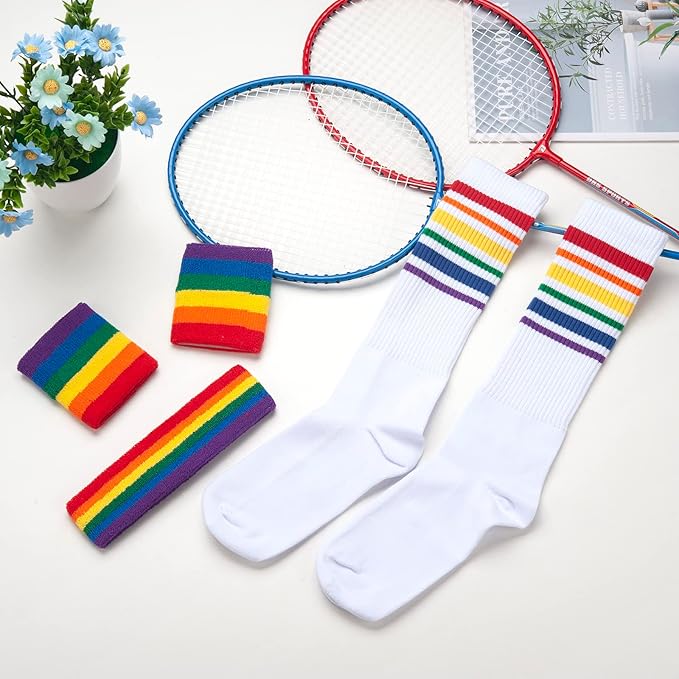 ONUPGO 5 Pieces Sweatbands Striped Socks Set Sports Headband Wristbands High Tube Socks 80s Accessories Costumes