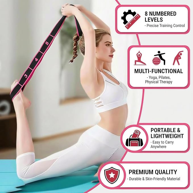 3 Pack Yoga Stretch Strap with Loops, Numbered Resistance Bands for Flexibility, 8-Section Elastic Exercise Bands for Pilates, Dance, Gymnastics & Warm Up (Blue, Purple, Rose Red)
