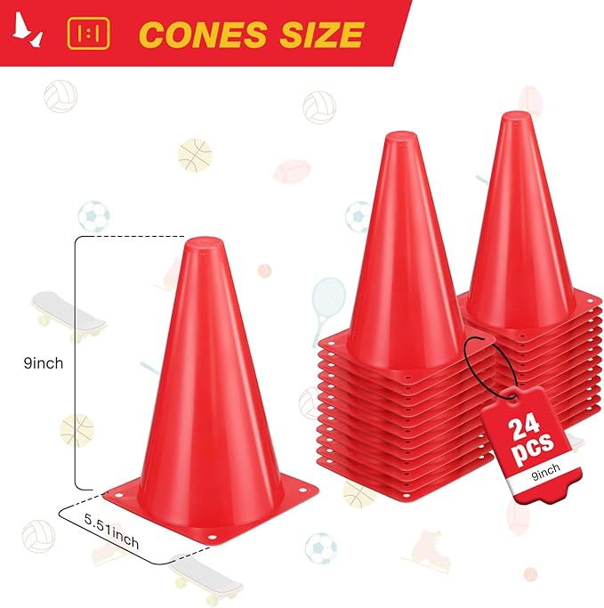 24pcs Cones 9 Inch Soccer Cones and Plastic Traffic Cones, Durable Cones for Sports Training, Ideal for Soccer, Basketball, Football, Skating, and Agility Drills Practice