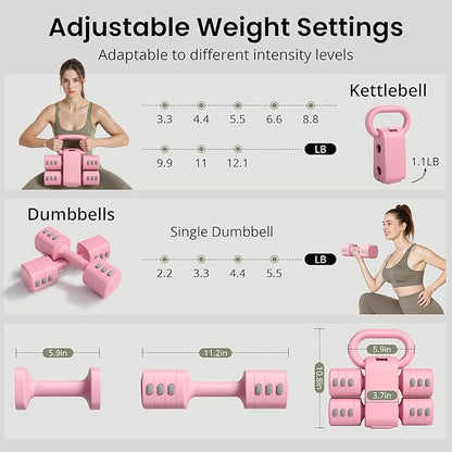 2-in-1 Adjustable Dumbbell Set for Women - 4 Levels (2.2lbs to 12.1lbs) - Home Gym Weights for Women at Home - Fitness Dumbbells