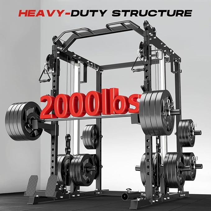 Power Cage Home Gym, Dual Pulley Cable Crossover System, All-in-One Squat Power Rack with Strength Training Attachments for Full-Body Workouts