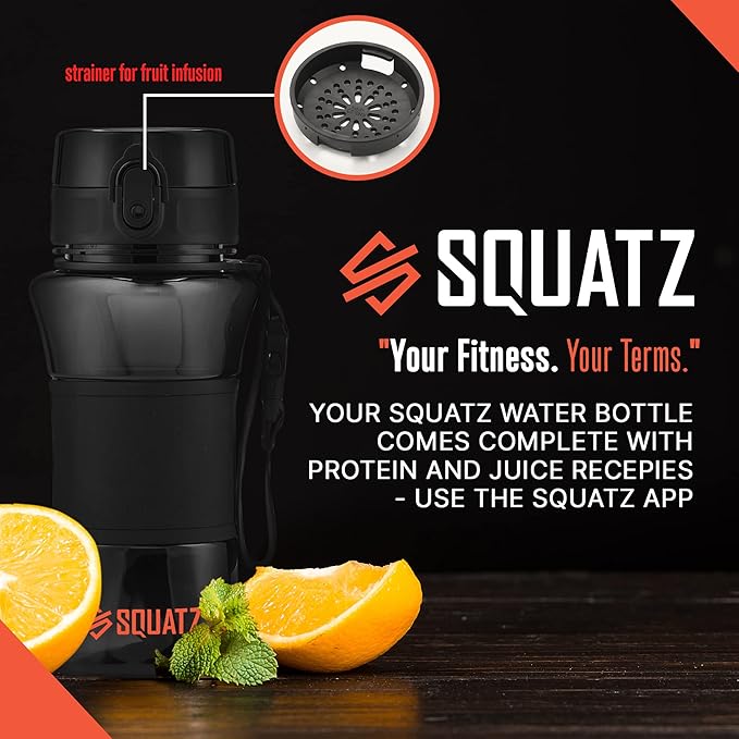 SQUATZ 17 Oz Poseidon Series Water Bottle for Protein and Fruit Shakes - Premium Quality Wide Mouth Gym Flask Fruit Infuser Strainer, Carrying Strap, Leak Resistance, No Condensation Sleeve, Black