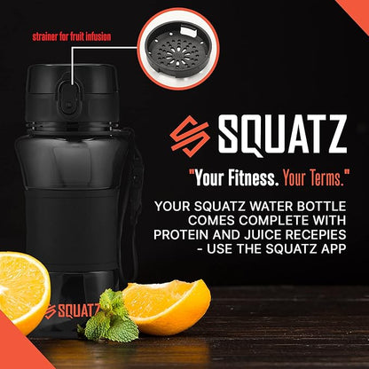 SQUATZ 17 Oz Poseidon Series Water Bottle for Protein and Fruit Shakes - Premium Quality Wide Mouth Gym Flask Fruit Infuser Strainer, Carrying Strap, Leak Resistance, No Condensation Sleeve, Black