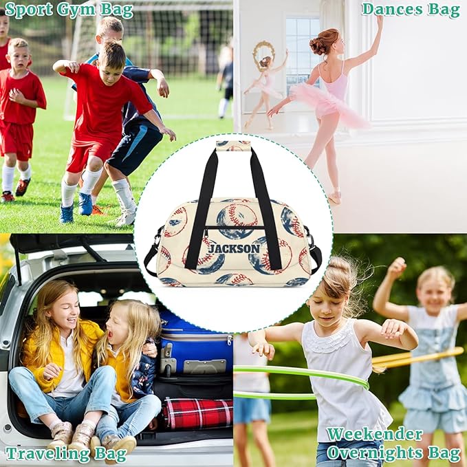 Personalized Baseball Gym Duffel Bags for Kids Boys with Custom Name Sport Travel Bags for Training Overnight Weekender, Beige