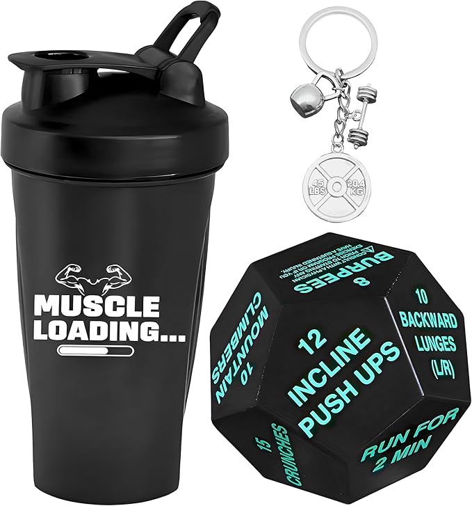 KatchOn, Fitness Gift Set – Pack of 4 | Gym Accessories for Men, with Exercise Dice | Valentine Gifts for Him | Workout Gifts for Men, Pre Workout Shaker, Dice and Dumble Keychains