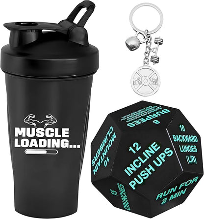 KatchOn, Fitness Gift Set – Pack of 4 | Gym Accessories for Men, with Exercise Dice | Valentine Gifts for Him | Workout Gifts for Men, Pre Workout Shaker, Dice and Dumble Keychains