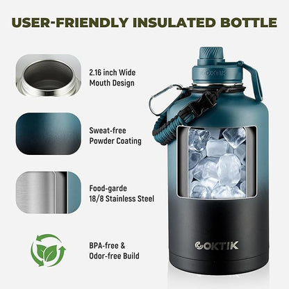 COKTIK 84oz Insulated Water Bottle - Stainless Steel Vacuum Metal, Portable ½ Gallon Large-Capacity Sports Bottle with Straw, Carry Bag and Handle Strap, Ideal for Gym & Hiking（Dark Night)