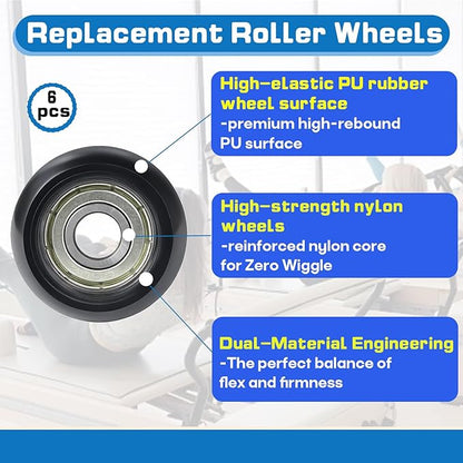 6Pcs Replacement Roller Wheels, Compatible with Aero Pilates Reformer Machines, Smooth & Quiet Glide Rollers Easy Tool-Free Installed Rollerwheels, Durable PU & POM Parts for Pilates Machine Repair